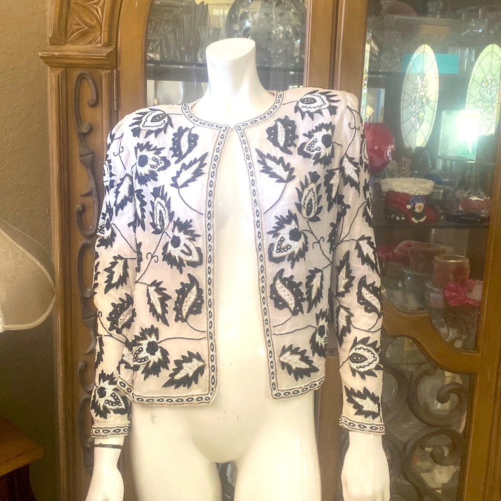 NITELINE Della Roufogali Beaded Silk Jacket Sz S Blk/Wht/Gld